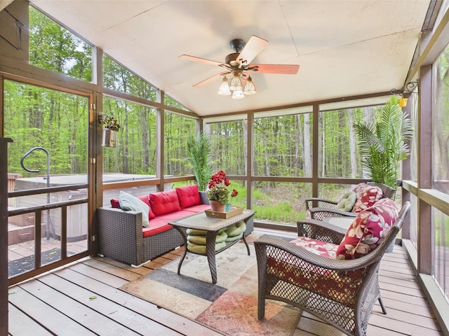 140 Boones Trl, Pocono Pines, PA 18350 - sunroom / solarium with an outdoor living space, a ceiling fan, and lofted ceiling