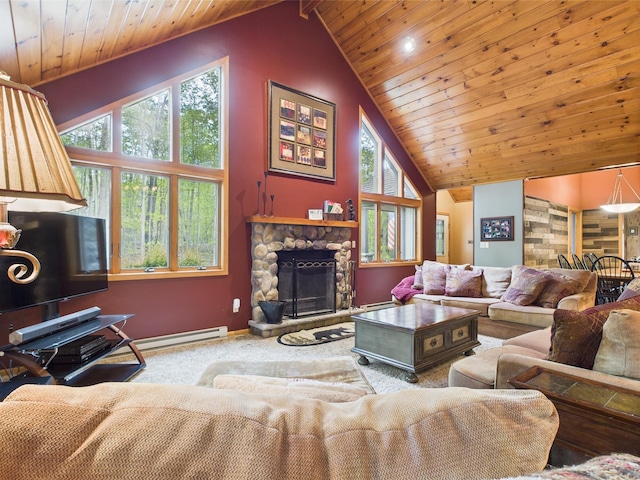 140 Boones Trl, Pocono Pines, PA 18350 - carpeted living room featuring wood ceiling, baseboards, a baseboard radiator, a stone fireplace, and high vaulted ceiling