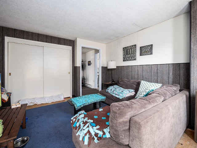 210 N Schanck Ave, Pen Argyl, PA 18072 - living area featuring carpet, wood walls, a wainscoted wall, and a baseboard radiator