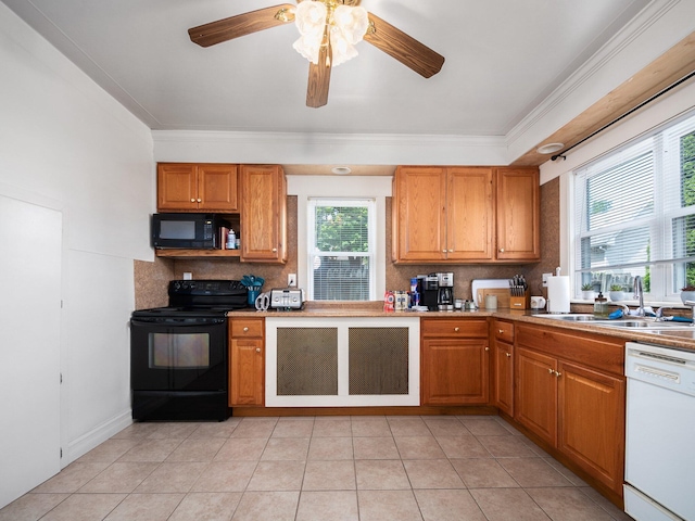 210 N Schanck Ave, Pen Argyl, PA 18072 - kitchen featuring black appliances, tasteful backsplash, a sink, crown molding, and ceiling fan