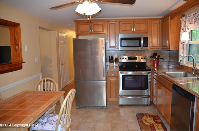 kitchen featuring ceiling fan, backsplash, appliances with stainless steel finishes, and a sink