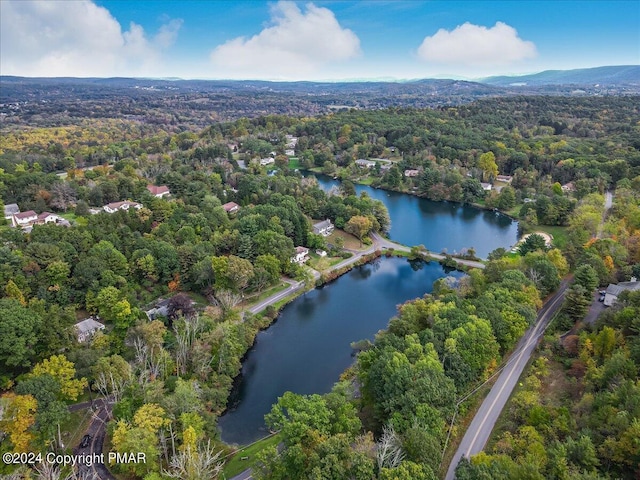 aerial view featuring a view of trees and a water view