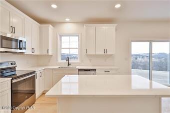 kitchen with appliances with stainless steel finishes, a kitchen island, a sink, and a healthy amount of sunlight