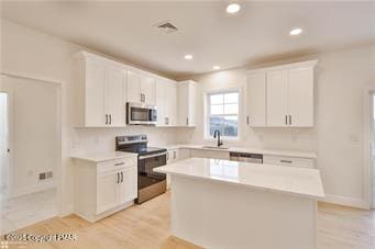 kitchen with white cabinets, appliances with stainless steel finishes, light countertops, and a center island