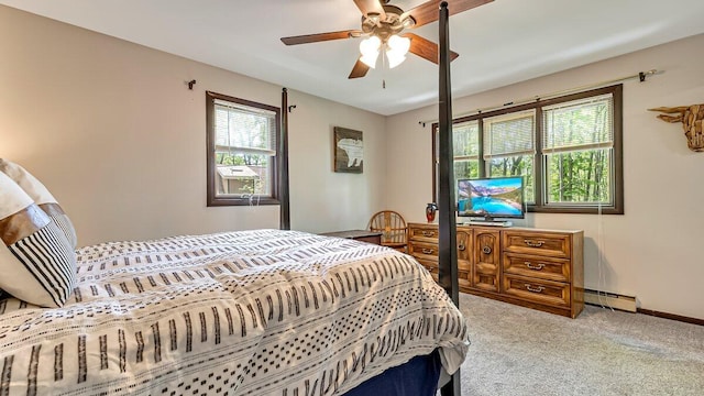 235 White Pine Ln, Pocono Lake, PA 18347 - carpeted bedroom with multiple windows, a baseboard radiator, baseboards, and a ceiling fan