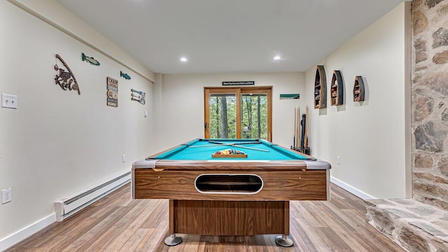 235 White Pine Ln, Pocono Lake, PA 18347 - game room featuring a baseboard radiator, light wood finished floors, billiards, recessed lighting, and baseboards