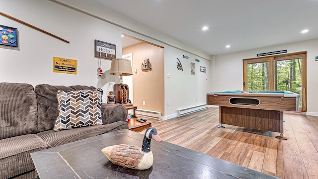 235 White Pine Ln, Pocono Lake, PA 18347 - rec room with wood-type flooring, baseboard heating, billiards table, recessed lighting, and baseboards