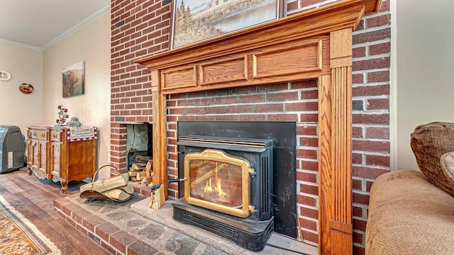 235 White Pine Ln, Pocono Lake, PA 18347 - detailed view of crown molding, wood finished floors, and a brick fireplace