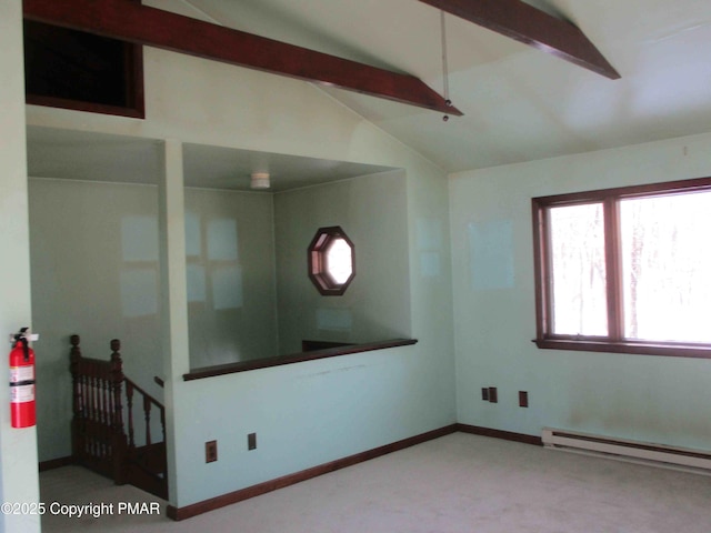 unfurnished room featuring a baseboard heating unit, carpet floors, lofted ceiling with beams, and baseboards