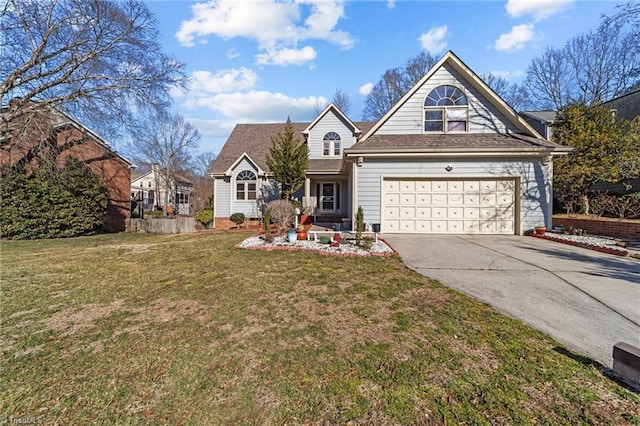 traditional home featuring driveway, a shingled roof, and a front yard