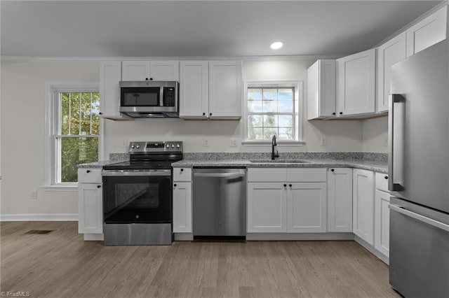 kitchen featuring a healthy amount of sunlight, appliances with stainless steel finishes, sink, and white cabinets