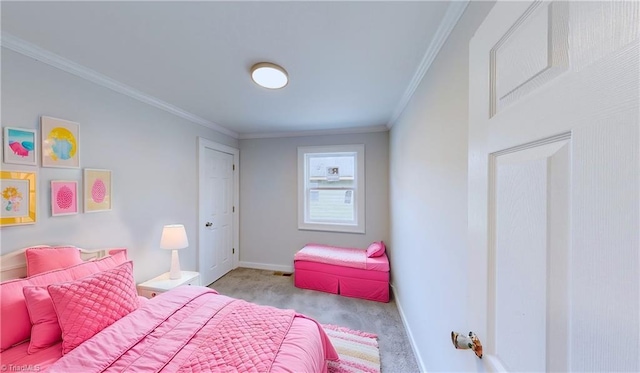 carpeted bedroom featuring ornamental molding