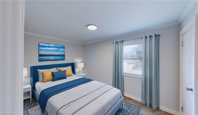 carpeted bedroom with crown molding