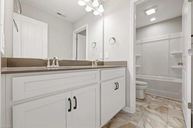 bathroom featuring a sink, double vanity, visible vents, toilet, and marble finish floor