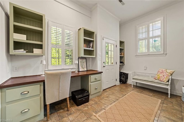 948 Kenleigh Cir, Winston-Salem, NC 27106 - office space featuring crown molding, built in study area, and stone tile floors