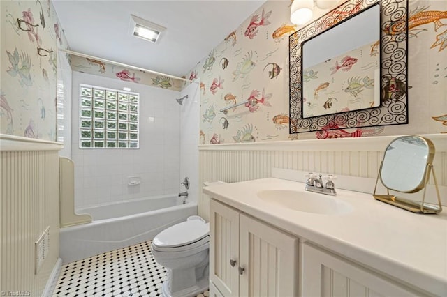 948 Kenleigh Cir, Winston-Salem, NC 27106 - full bathroom with wallpapered walls, wainscoting, vanity, shower / washtub combination, and tile patterned floors