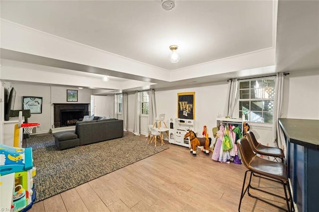 948 Kenleigh Cir, Winston-Salem, NC 27106 - rec room with wood finished floors, a tray ceiling, and a fireplace with raised hearth