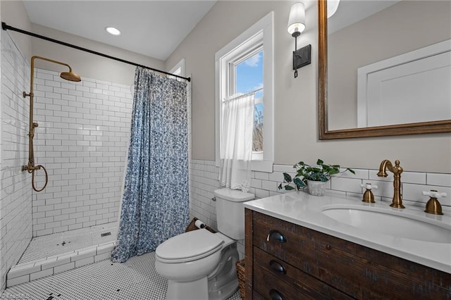 4420 Bunton Swaim Rd, Liberty, NC 27298 - full bath with vanity, a shower stall, tile walls, toilet, and tile patterned floors