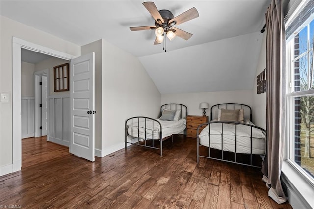4420 Bunton Swaim Rd, Liberty, NC 27298 - bedroom featuring a ceiling fan, lofted ceiling, wood finished floors, and baseboards