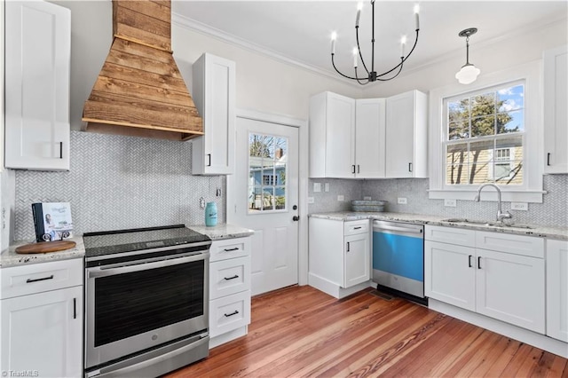 kitchen featuring dishwashing machine, a sink, ornamental molding, stainless steel electric range oven, and custom range hood