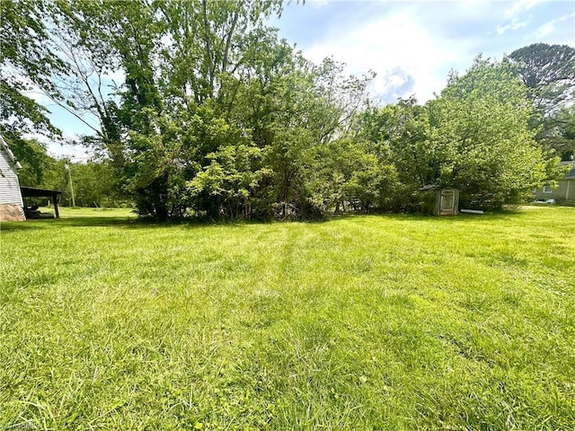 view of green lawn featuring a shed and an outbuilding