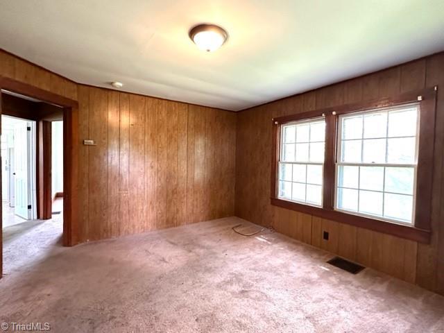 carpeted spare room featuring wooden walls