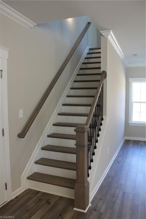 staircase with wood-type flooring and crown molding