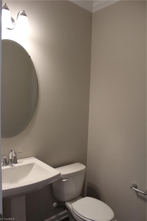 bathroom featuring sink, toilet, and crown molding