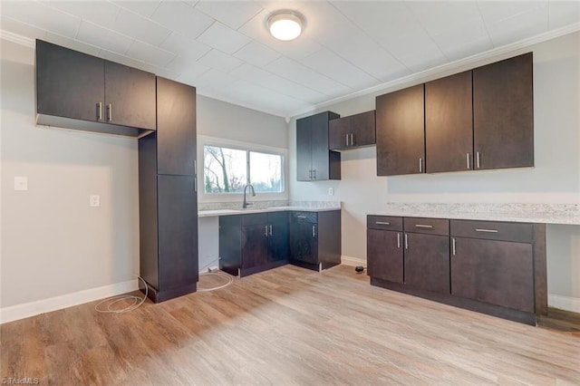 kitchen with dark brown cabinets, light wood-type flooring, ornamental molding, and sink