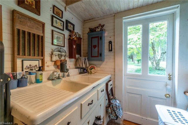 3775 Friendship Ledford Rd, Winston-Salem, NC 27107 - bathroom featuring vanity, wood ceiling, and wooden walls