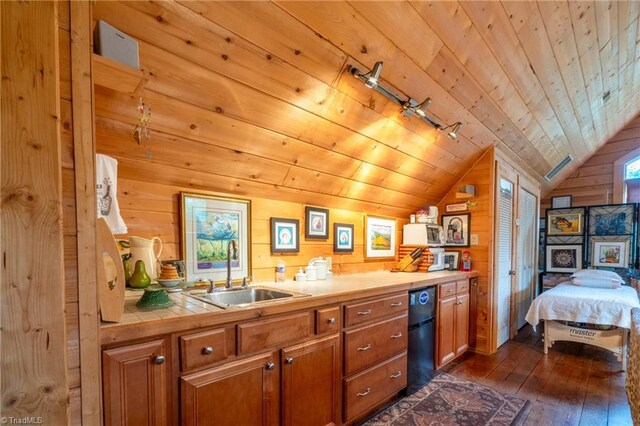 3775 Friendship Ledford Rd, Winston-Salem, NC 27107 - kitchen featuring a sink, dark wood-style floors, lofted ceiling, wooden walls, and tile counters