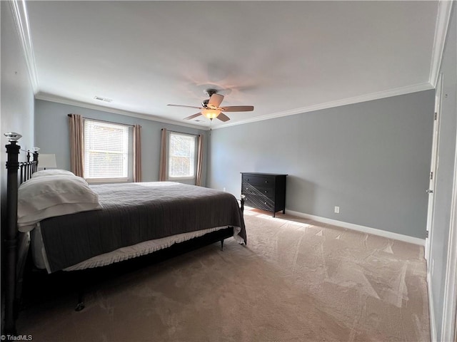 bedroom featuring ceiling fan, carpet, and ornamental molding