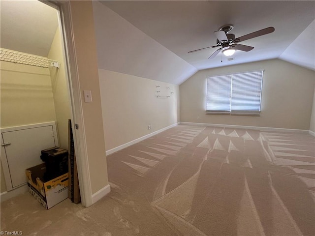 bonus room featuring carpet floors, ceiling fan, and lofted ceiling