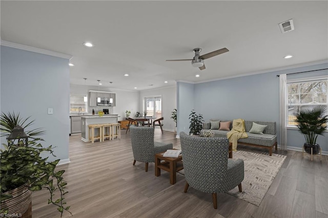 living room with ceiling fan, sink, light wood-type flooring, and crown molding