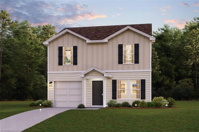 view of front of house with a garage, concrete driveway, roof with shingles, board and batten siding, and a front yard