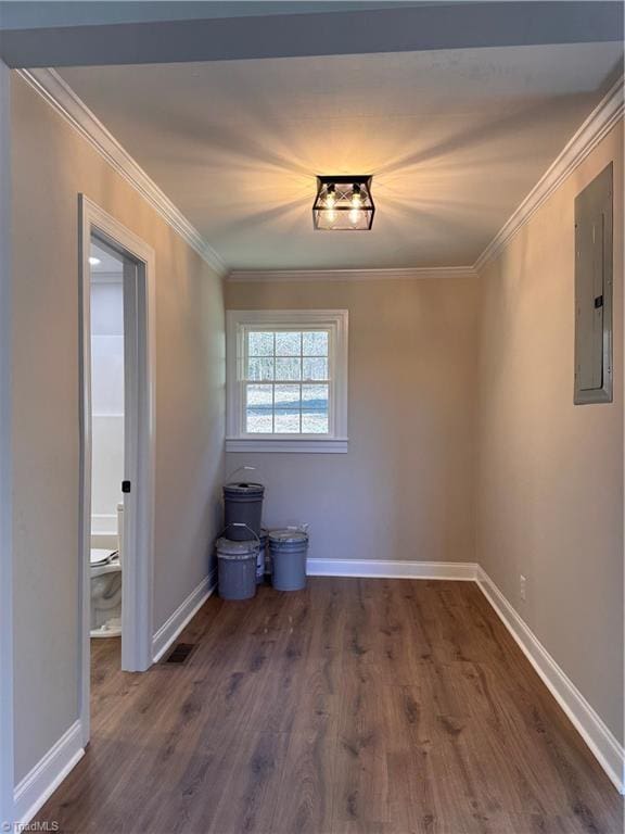 interior space with baseboards, dark wood-type flooring, electric panel, and crown molding