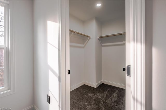 walk in closet featuring dark carpet