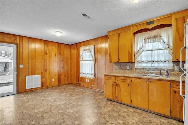 kitchen featuring sink, a textured ceiling, and wood walls