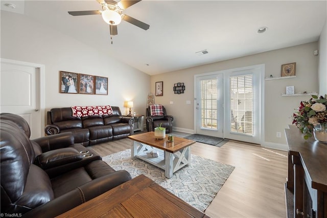 106 Oak Ridge Dr, Archdale, NC 27263 - living room featuring light wood-style flooring, a ceiling fan, vaulted ceiling, baseboards, and recessed lighting