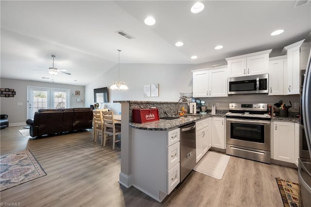 106 Oak Ridge Dr, Archdale, NC 27263 - kitchen featuring appliances with stainless steel finishes, a sink, open floor plan, a peninsula, and lofted ceiling