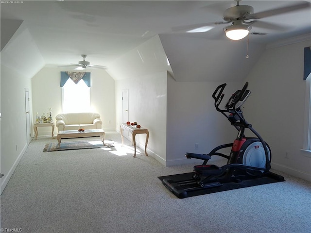 workout area with ceiling fan, lofted ceiling, and carpet floors