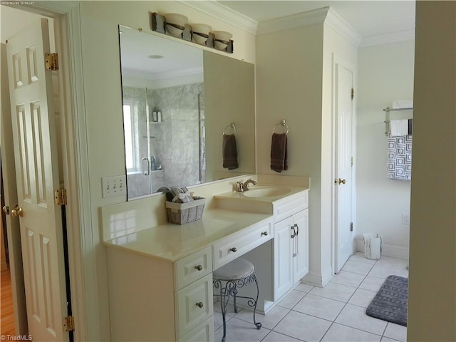 bathroom with vanity, tile patterned floors, an enclosed shower, and ornamental molding