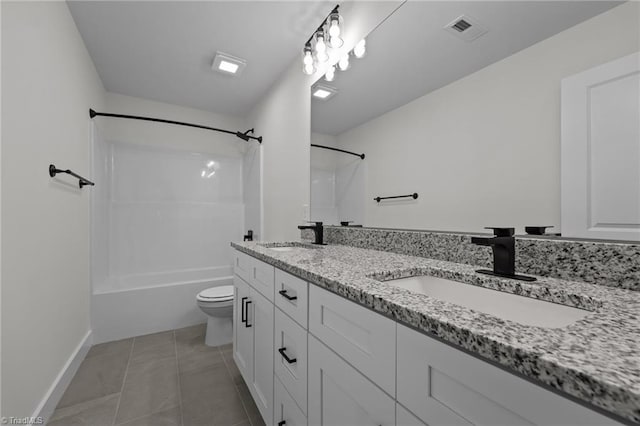 1329 Union Cross Rd, Kernersville, NC 27284 - bathroom featuring toilet, double vanity, tile patterned flooring, shower / bathtub combination, and baseboards