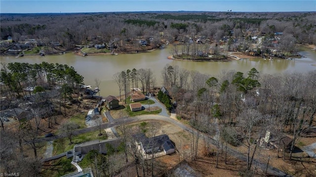 bird's eye view featuring a water view and a forest view