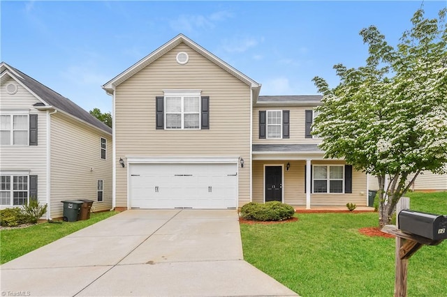 front facade with a garage and a front yard