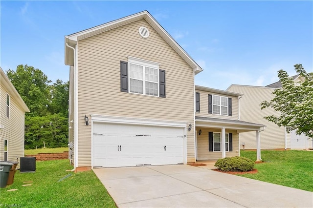 front of property with central AC unit, a garage, and a front lawn