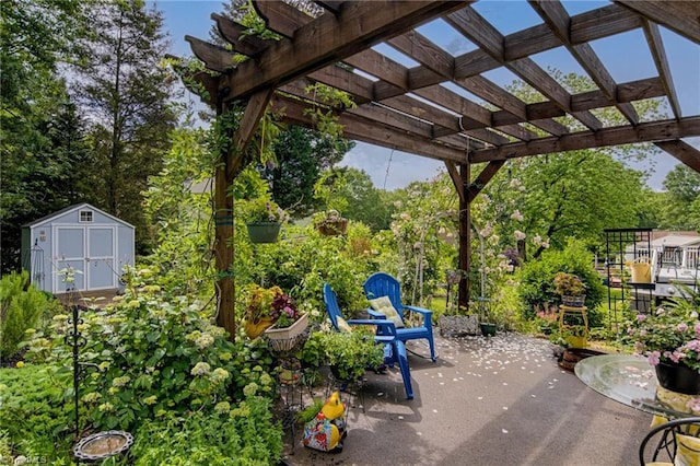 view of patio with a shed, an outdoor structure, a pergola, and view of scattered trees