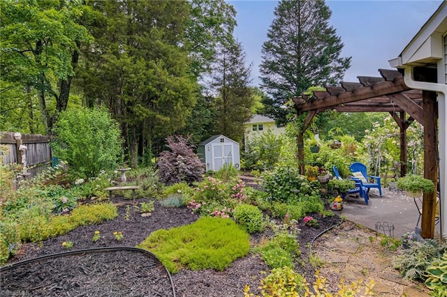 view of yard with a storage unit, a patio, a pergola, an outdoor structure, and fence