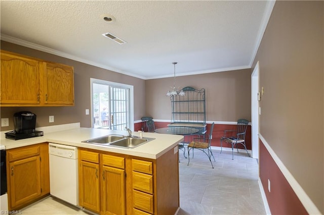 kitchen featuring dishwasher, a peninsula, a sink, crown molding, and light countertops