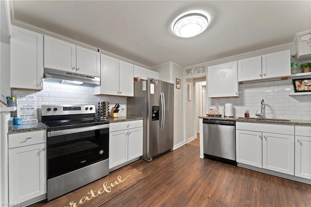 kitchen with white cabinets, dark hardwood / wood-style floors, sink, and stainless steel appliances